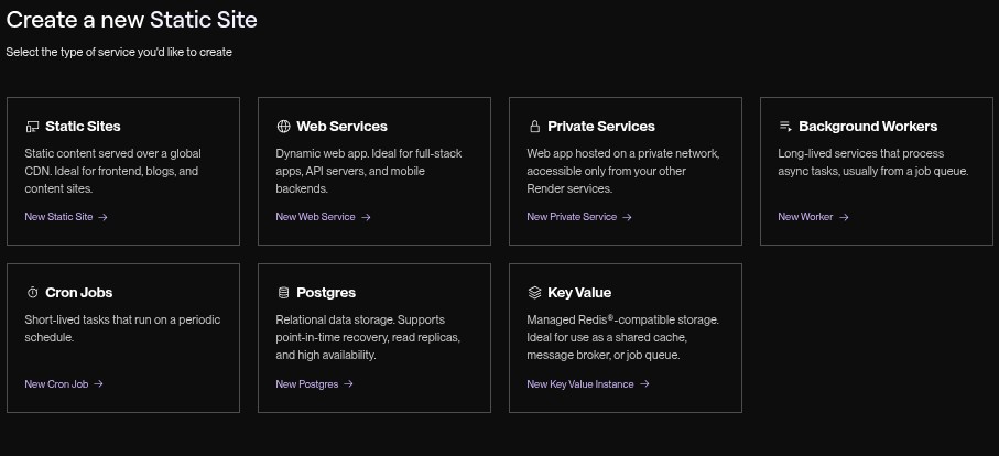 New Service Selection Screenshot